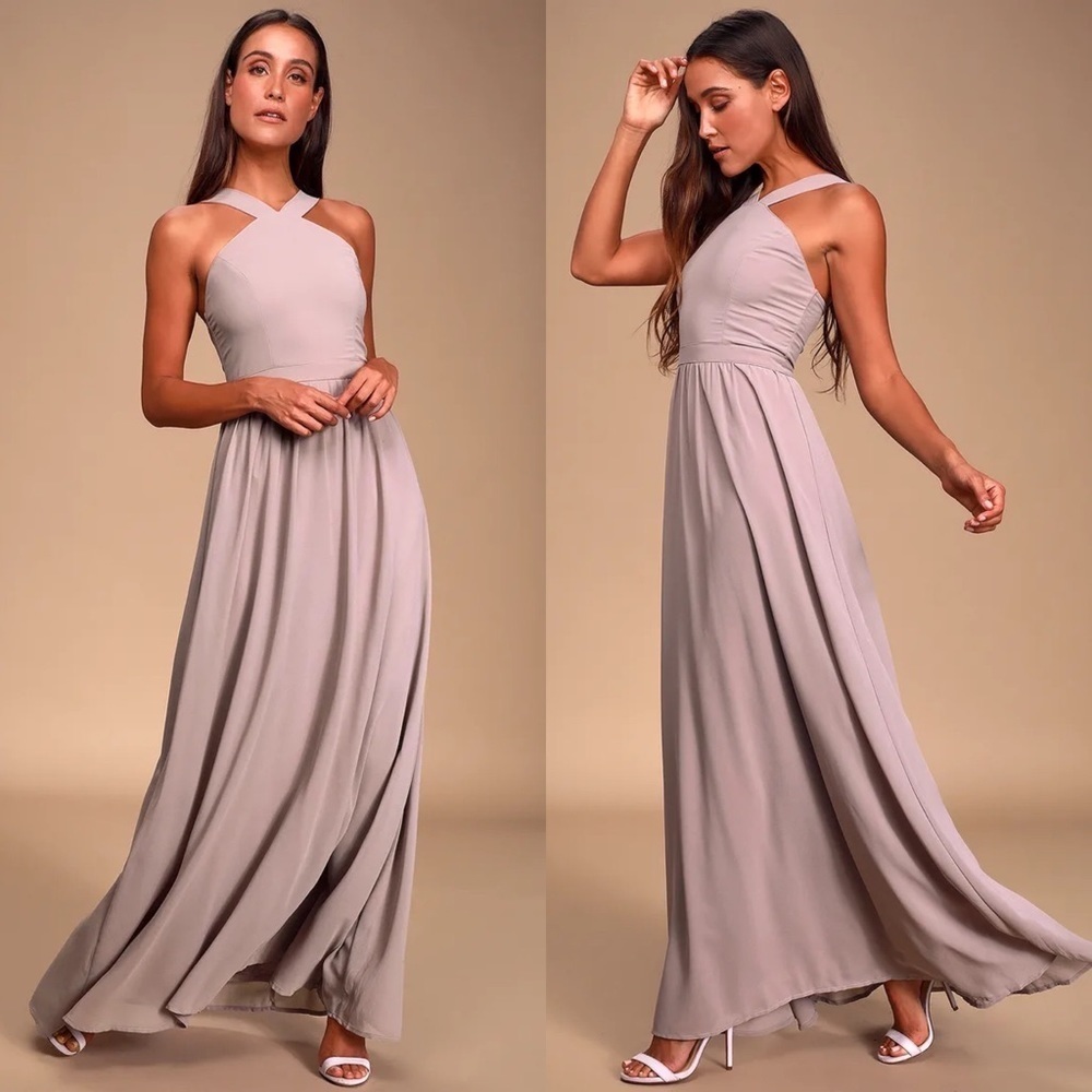 Lulu’s Air of Romance Taupe Maxi Dress